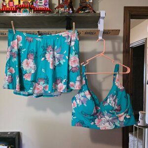 Torrid Blue Floral Bikini/Skirt Set Top 4F and Skirt 3
